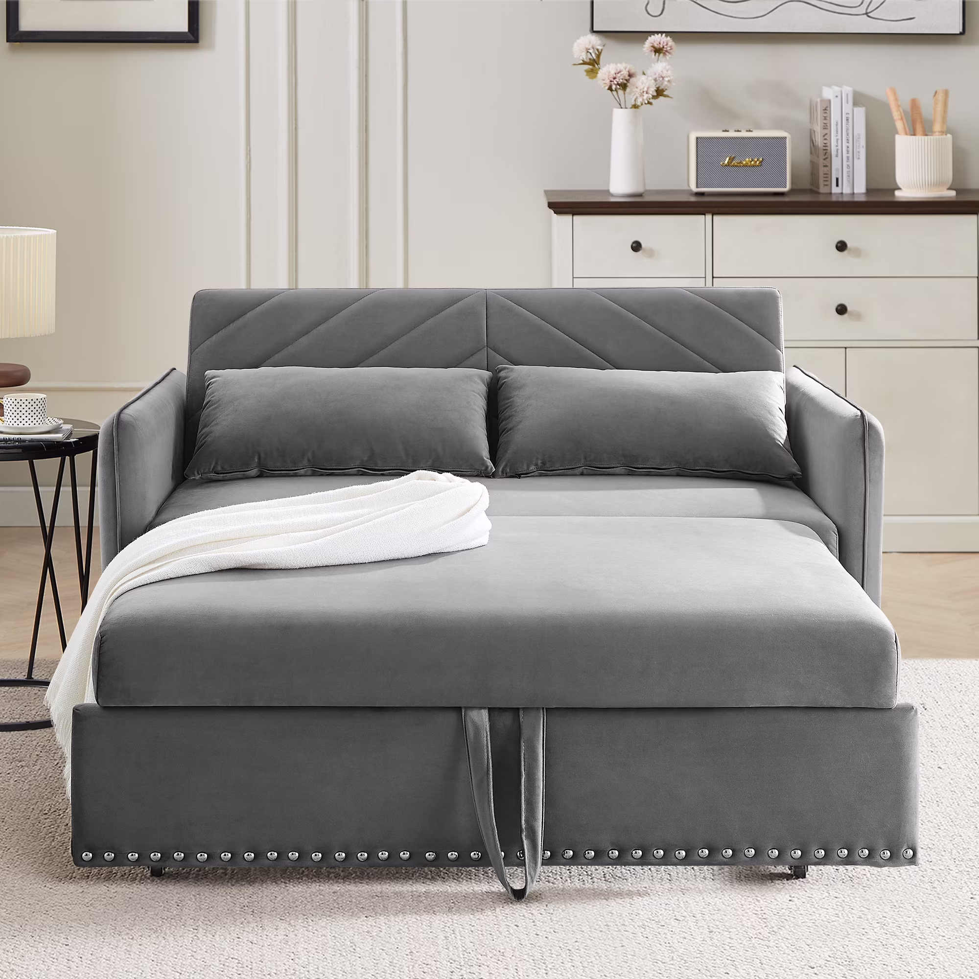 55" Convertible Sleeper Sofa Bed,3 in 1 Convertible Sleeper Loveseat with USB Ports,Modern Velvet Pull Out Sofa Bed with 2 Pillows and Rivet Design for Living Room Furniture,Gray