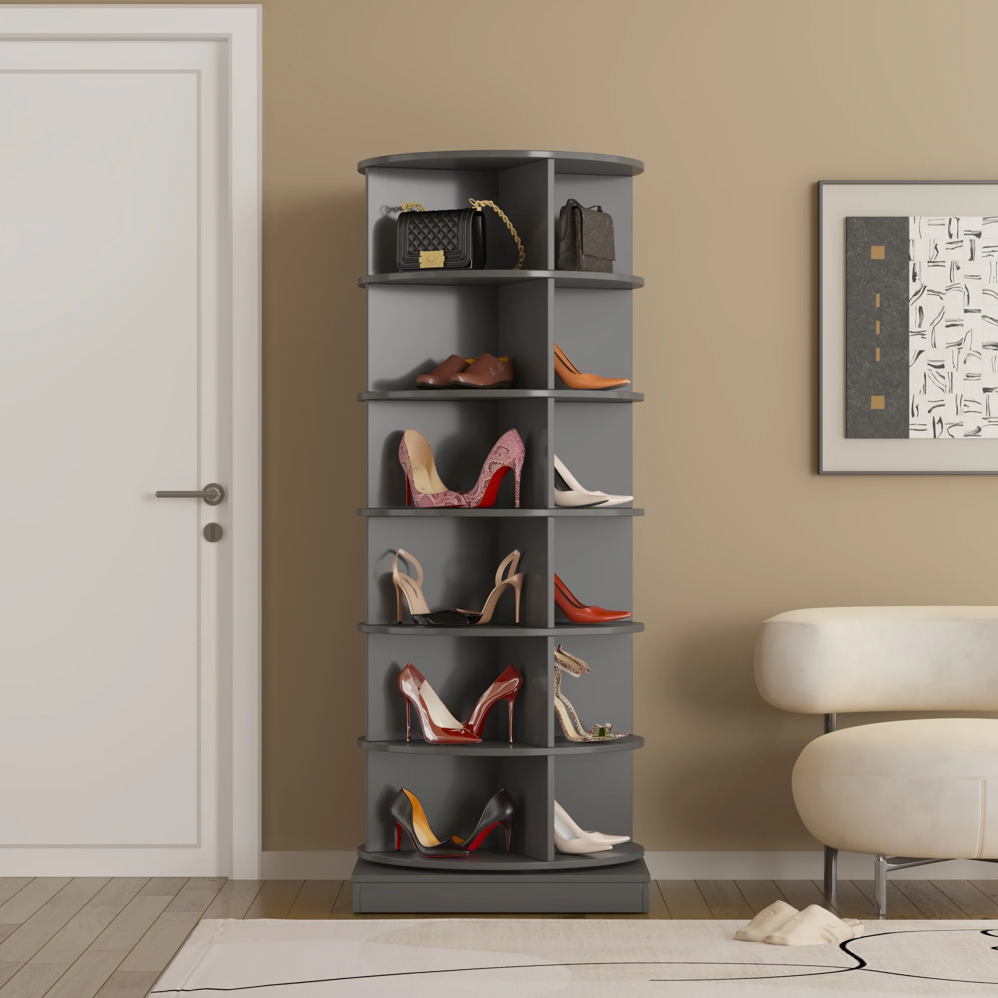 6 Tier Rotating Shoe Rack 360 Round Shoe Rack Vertical Handbag Rotate Shoes Closet Organization