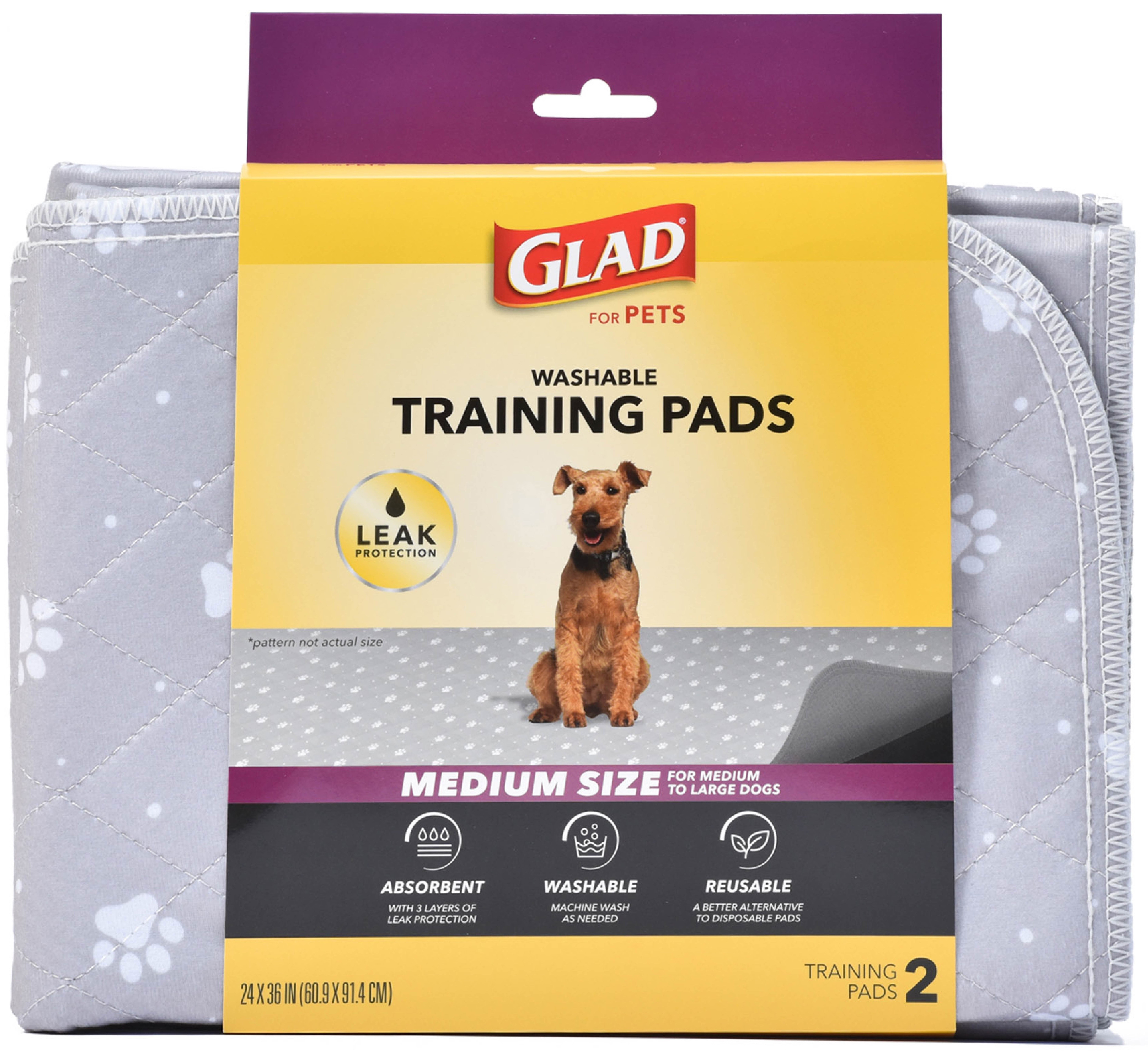 (6 pack) GLAD for Pets Washable Training Pads Medium Size 24”x36” 2 Pack Gray 3 Layers Protection and No Slip Grip Vinyl Bottom