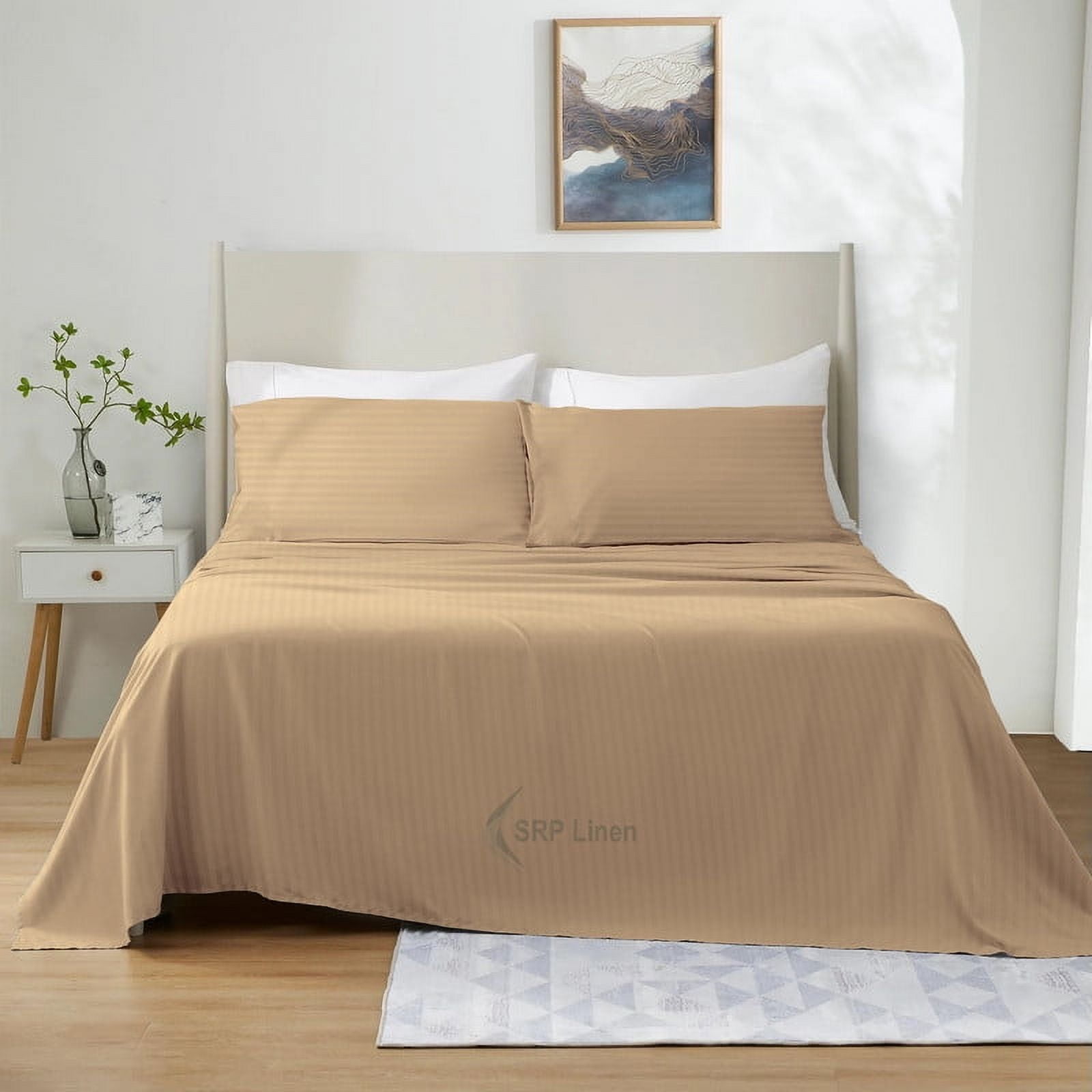 600 Thread Count 4 Piece Quality Sheet Set 24 Inch Deep Pocket 100% Egyptian Cotton Color Taupe Stripe Size Queen