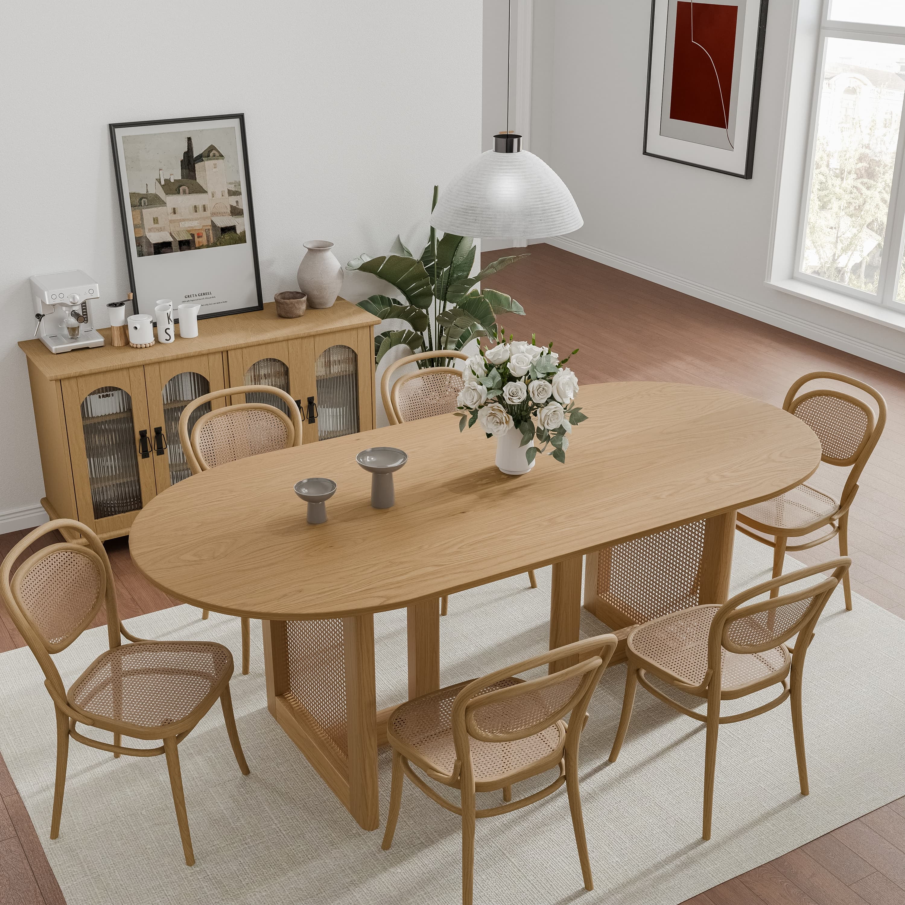 MAYEERTY Wood Oval Dining Table, Mid-Century Modern Dining Table with Rattan Legs, 67"x33.5"x30", Wood Color
