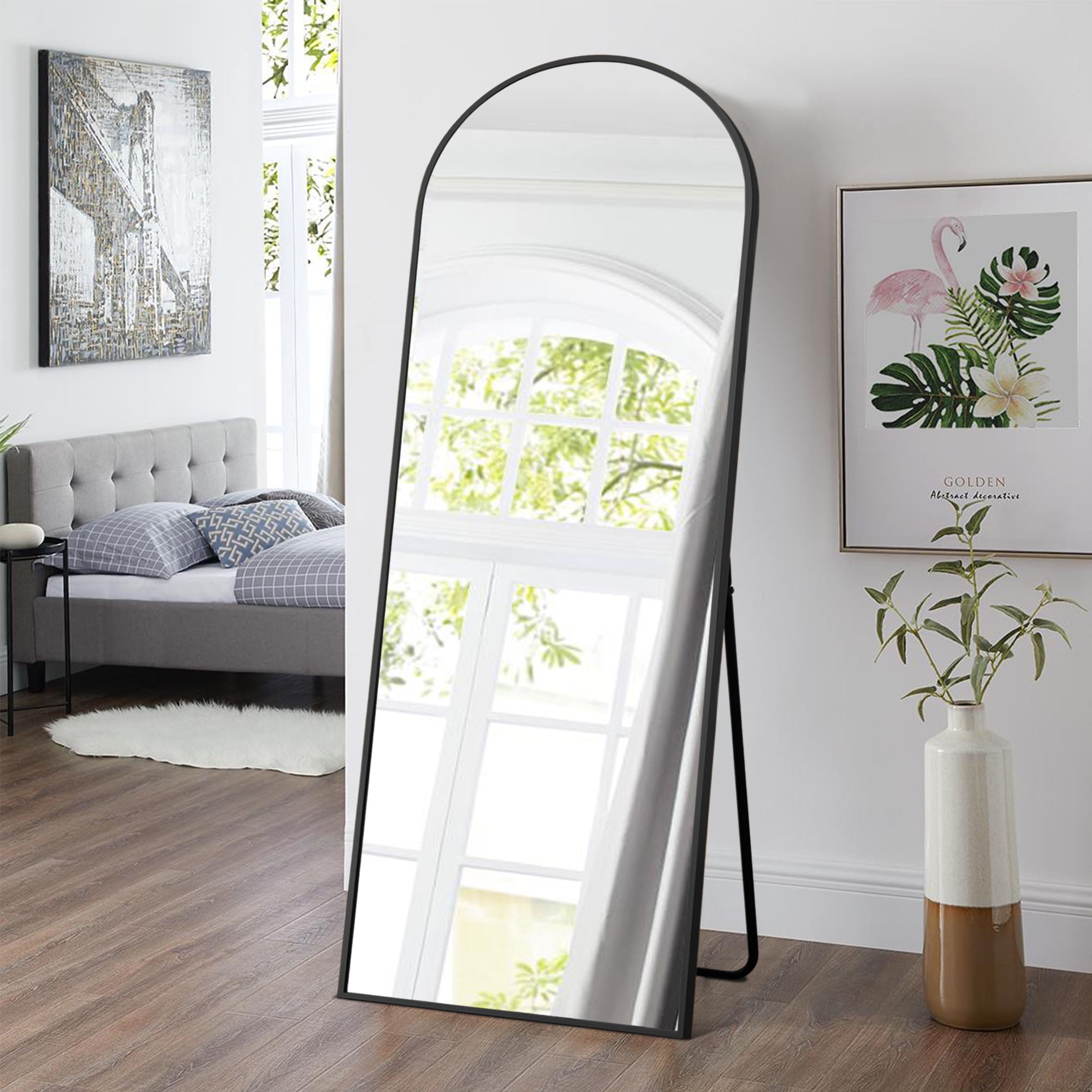 71"x31" Aluminum Alloy Full-length Mirror Arch Decorative Mirror with Bracket Black