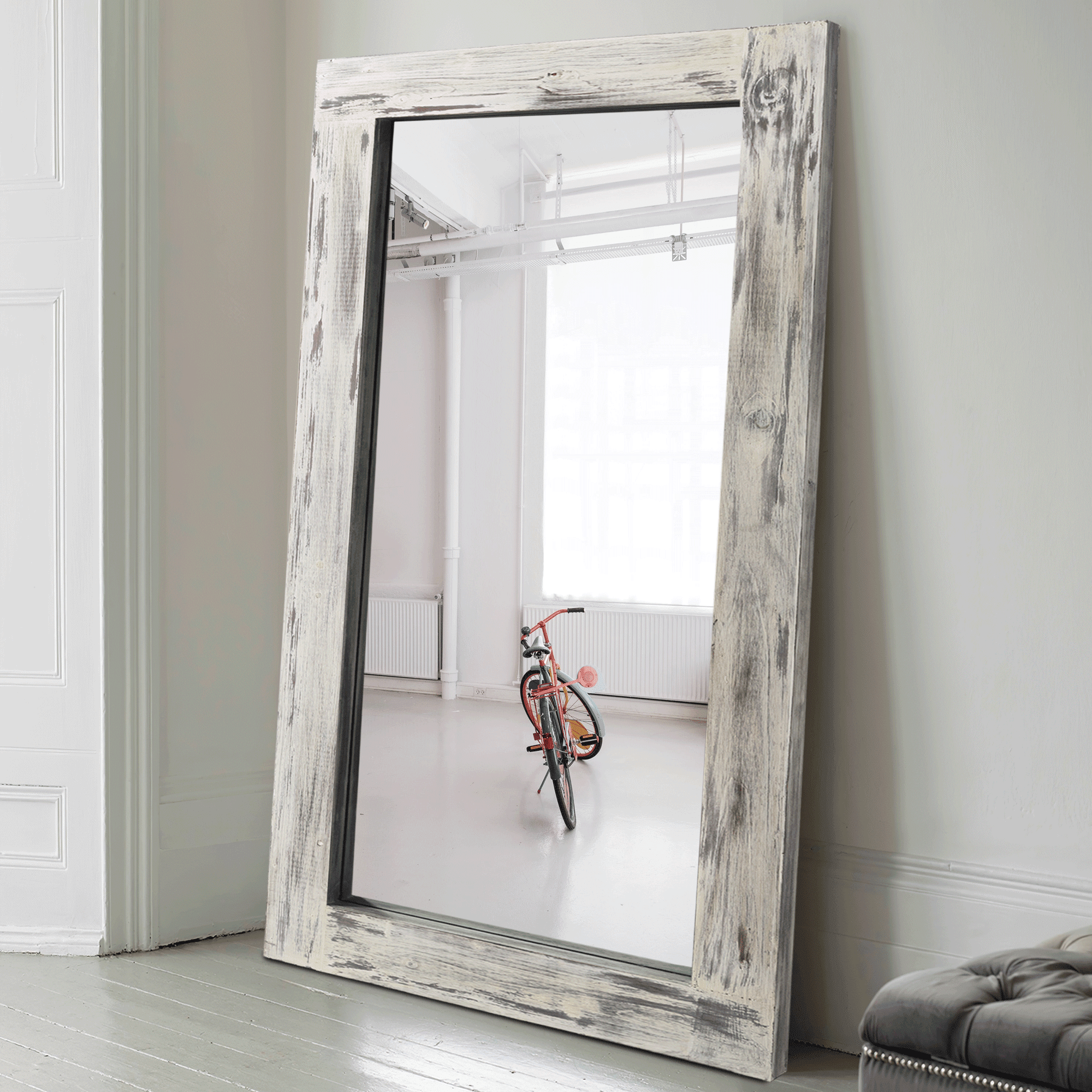71"x32" Modern Rectangle Wood Full Length Mirror Floor Mirror without Bracket,Weathered White