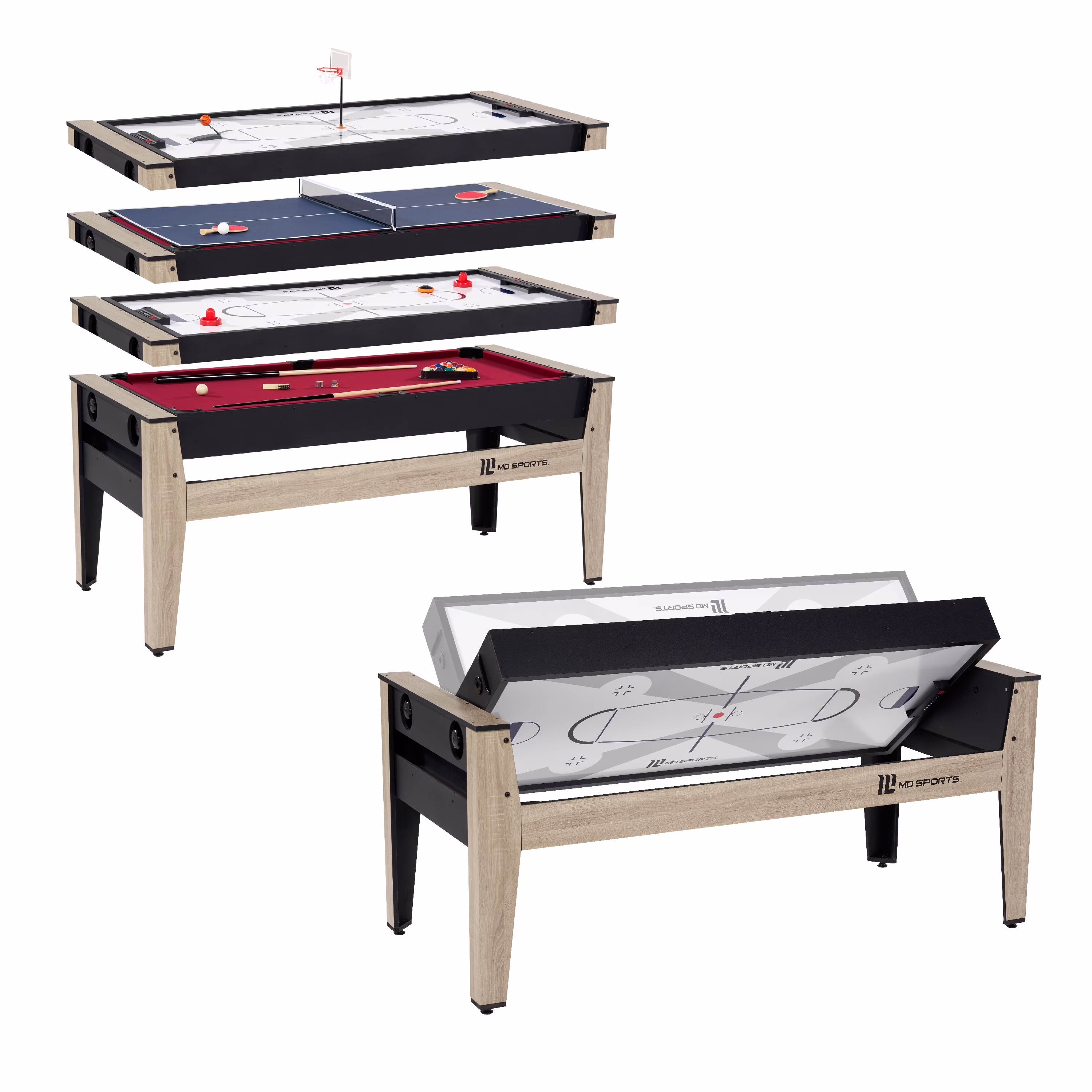 72" 4-in-1 Multi Game, Pool Table, Table Tennis Pong Table, Air Hockey, Basketball, by MD Sports