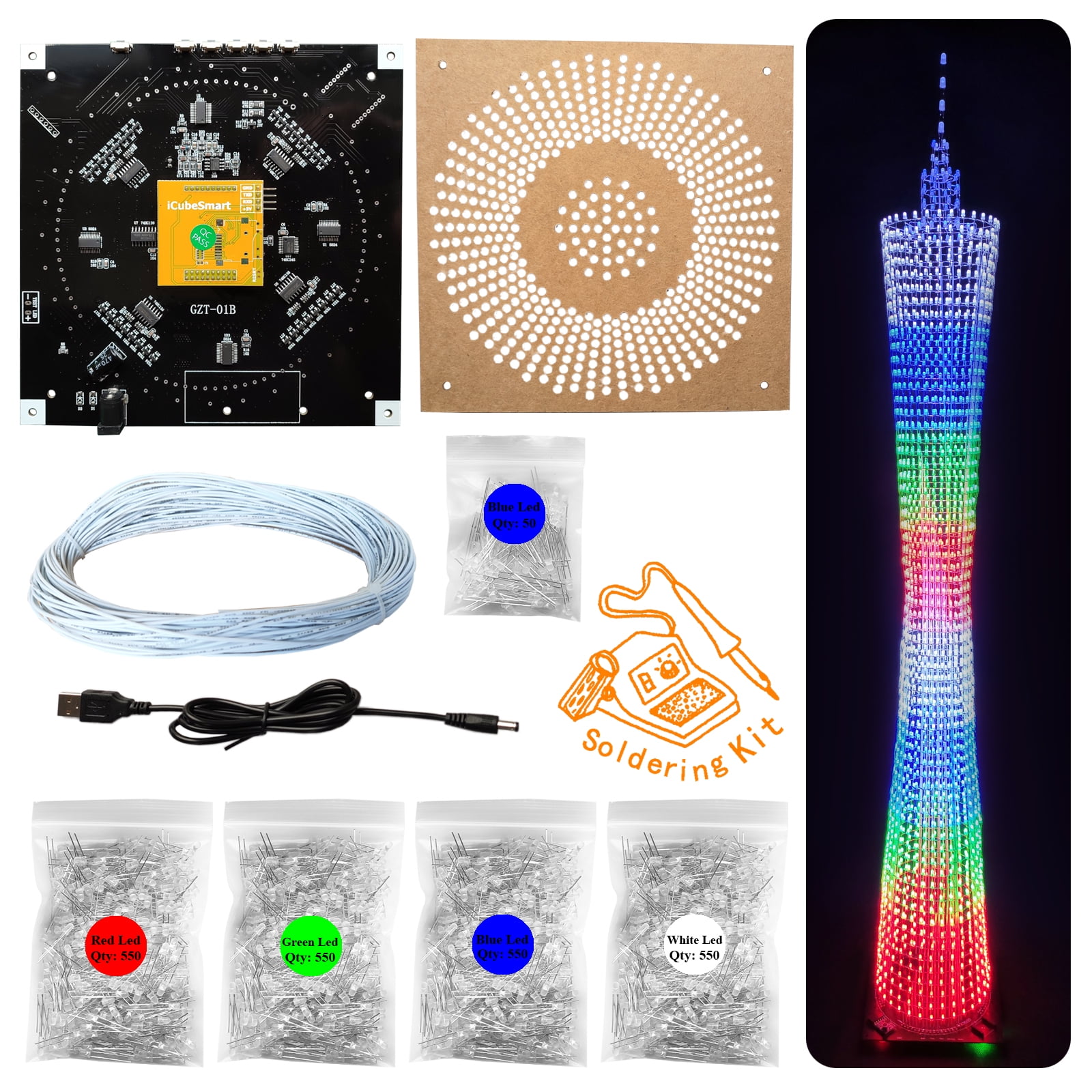iCubeSmart GZT64 Led Canton Tower Model DIY Electronic Kit Learning to soldering project kit Best gift for children(TOWER64-KIT)