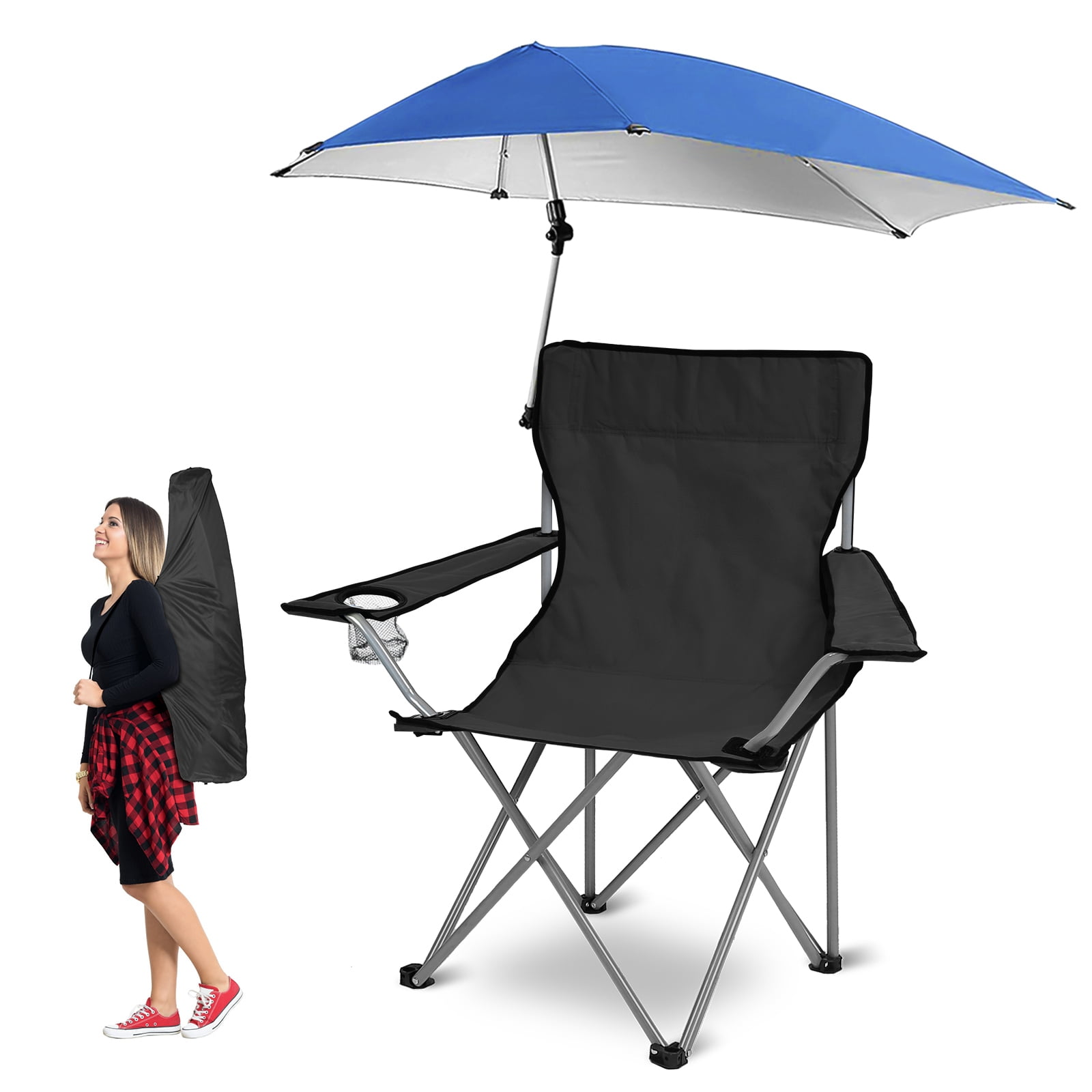 iMounTEK Camping Chair, Foldable Beach Chair with Clamp-On Adjustable Umbrella, Detachable Camping Lawn Chair for Outdoor Picnic BBQ Fishing, Black