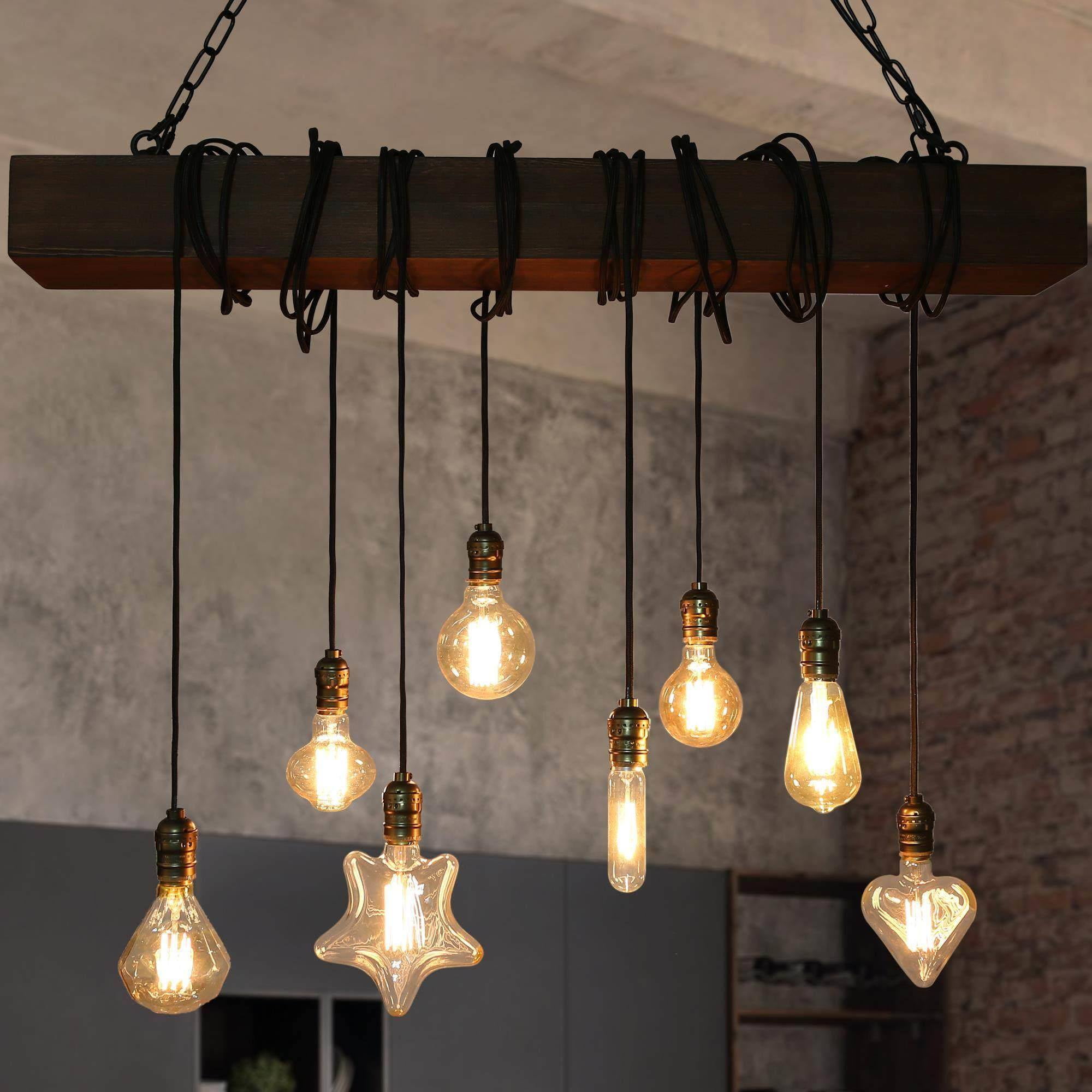 LNC 8-Light Dark Brown Wood and Black Linear Bare Bulb LED Farmhouse Chandelier