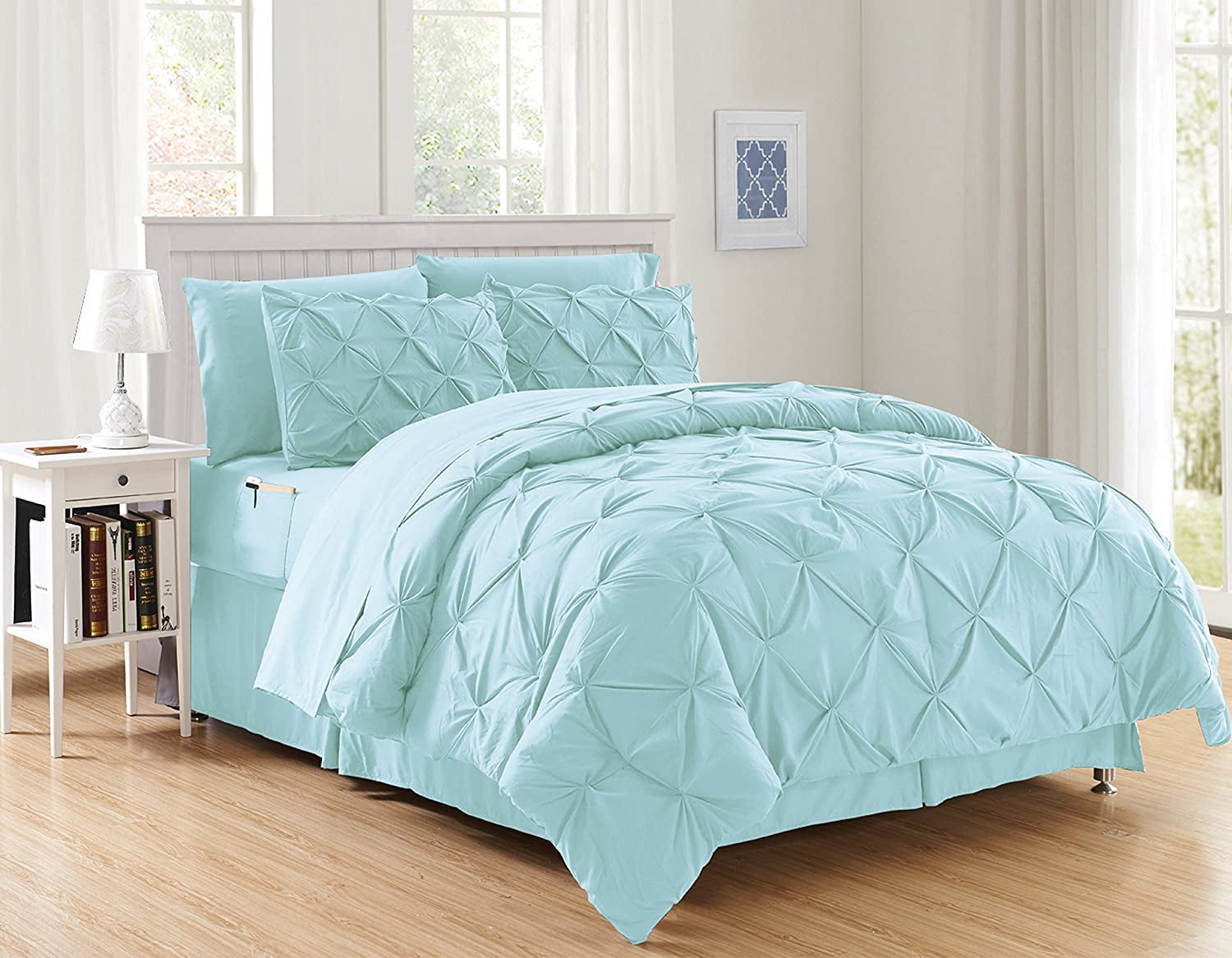 8-Piece Bed-in-a-Bag Comforter Set on Silky Soft Complete Set Includes Bed Sheet Set with Double Sided Storage Pockets, Full/Queen, Aqua