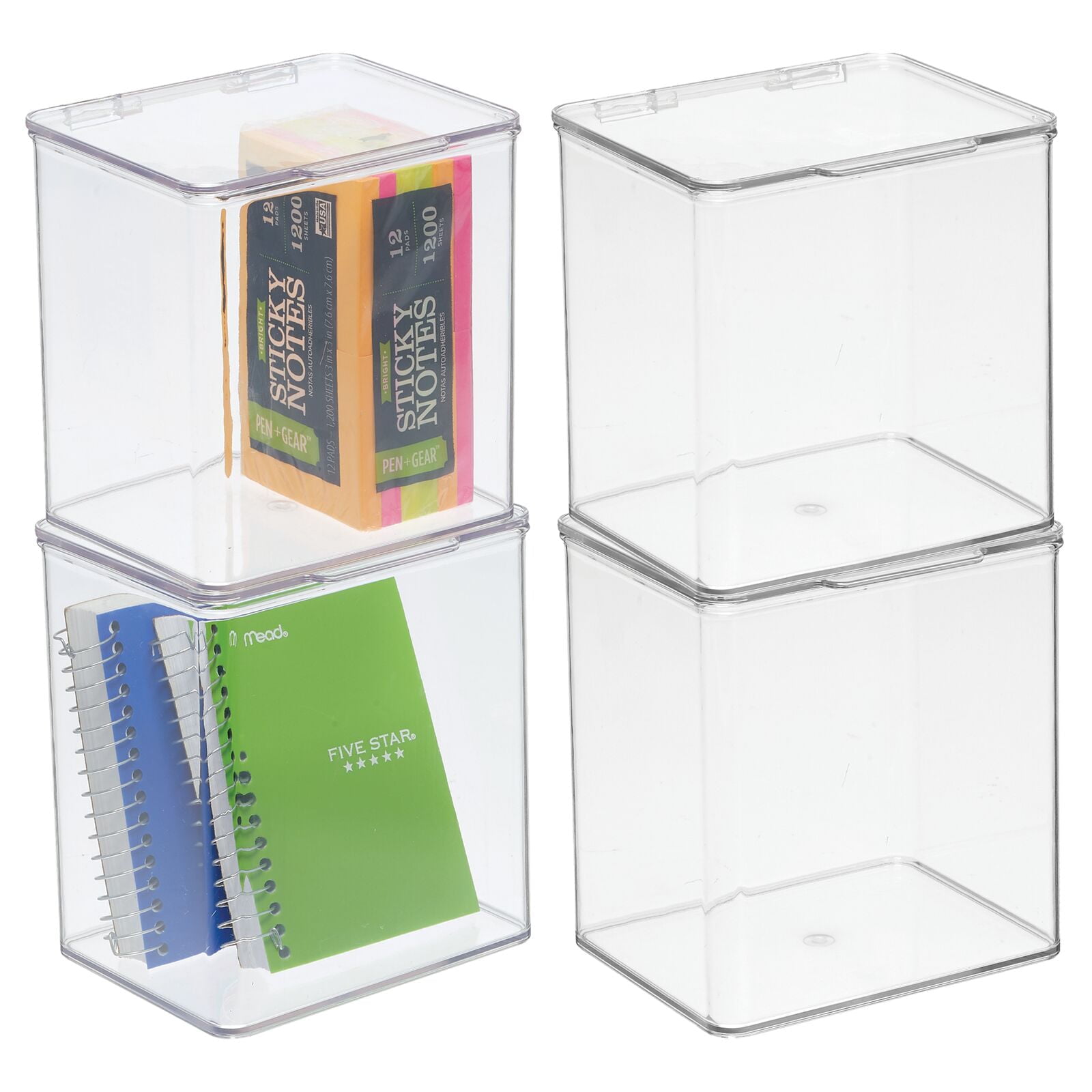 mDesign Plastic Desk Organizer Bin Box, Hinge Lid for Home Office, 4 Pack, Clear