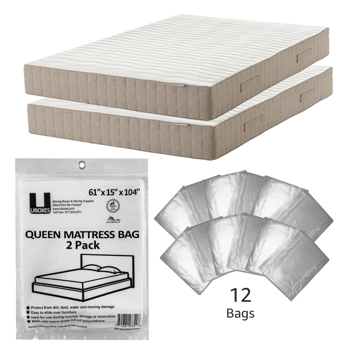 UBMOVE 12 Count, Queen Mattress Bags 61"x15"x90" , Poly Moving & Storage Bags, 1 Pack