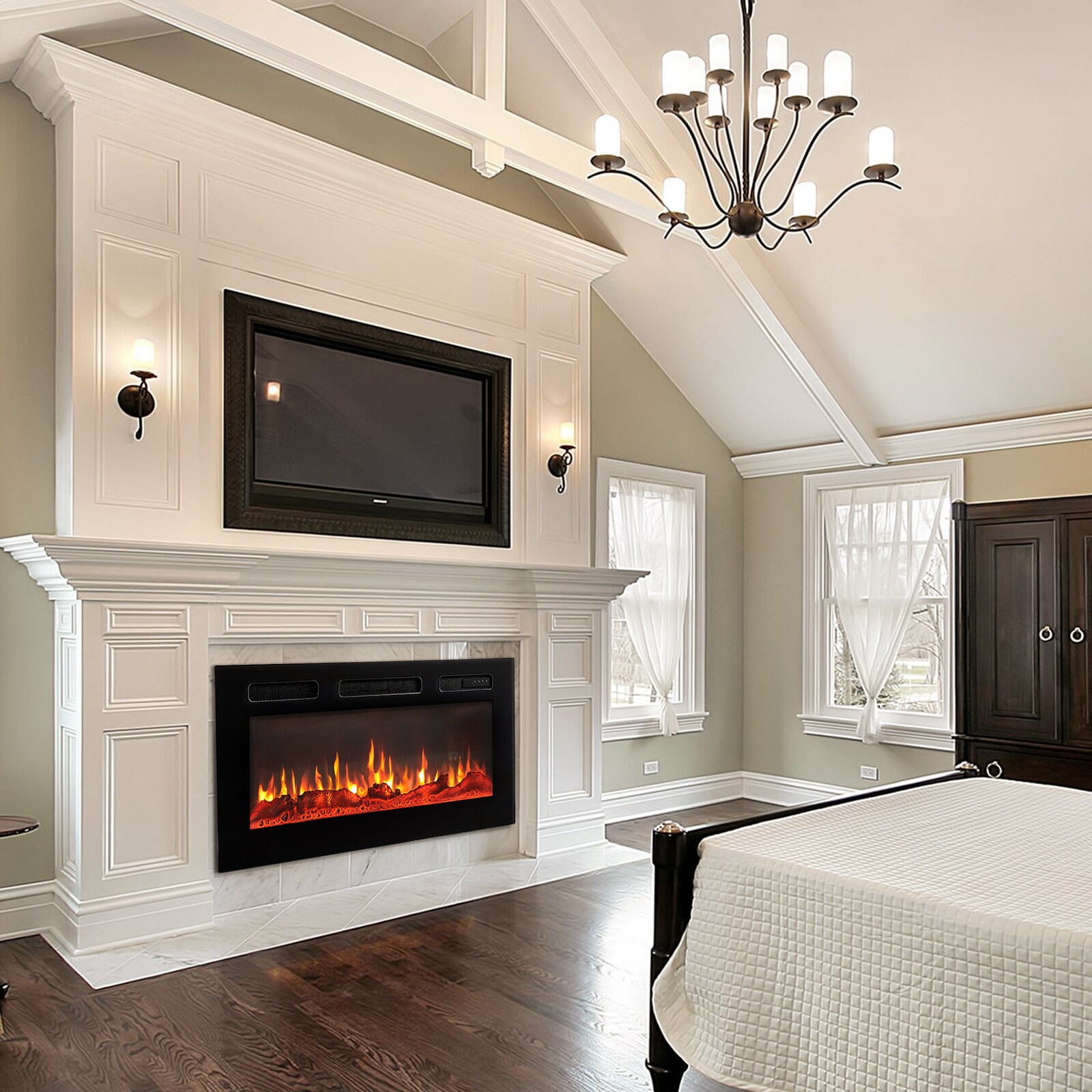 36.33-Inches W Black Wall mount Fan-forced Wall-mount Electric Fireplace with Remote Control Included - Image 10