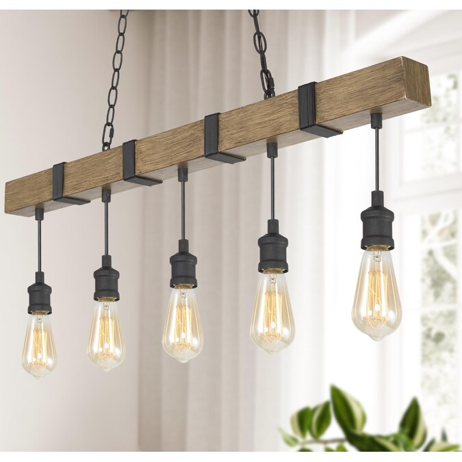 LNC Sabrina 5-Light Matte Black and Brown Wood Bare Bulb Farmhouse Linear LED Large Hanging Kitchen Island Light