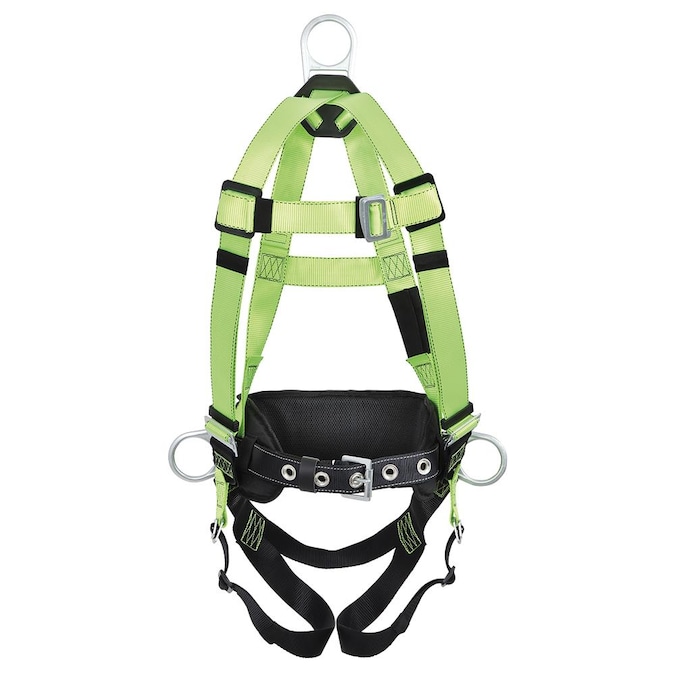 PeakWorks Full Body Safety Harness with Positioning Belt, Padded Lumbar Support, Back and Side D-rings, Pass Thru Leg Buckles, Hi-vis Green/black, Small