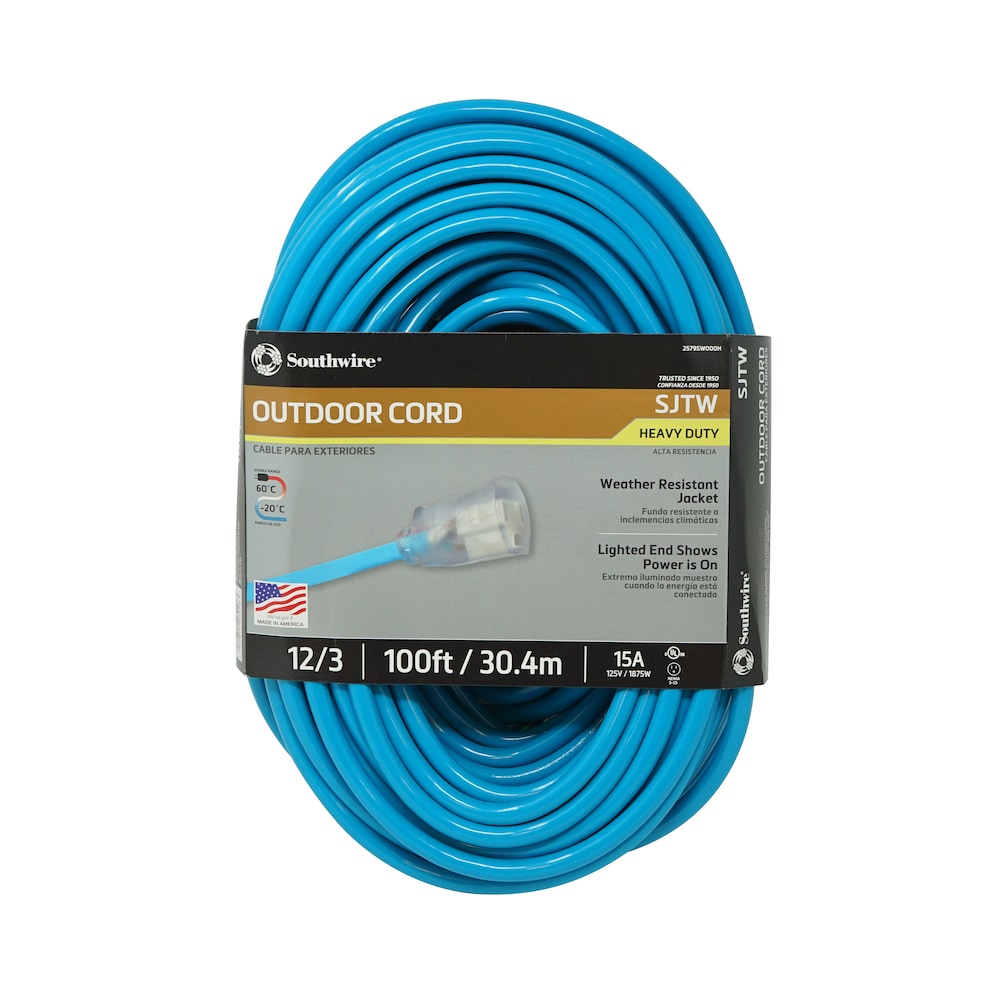 100-ft 12 / 3 3 Prong Cool Blue Indoor/Outdoor SJTW Heavy Duty Lighted Extension Cord