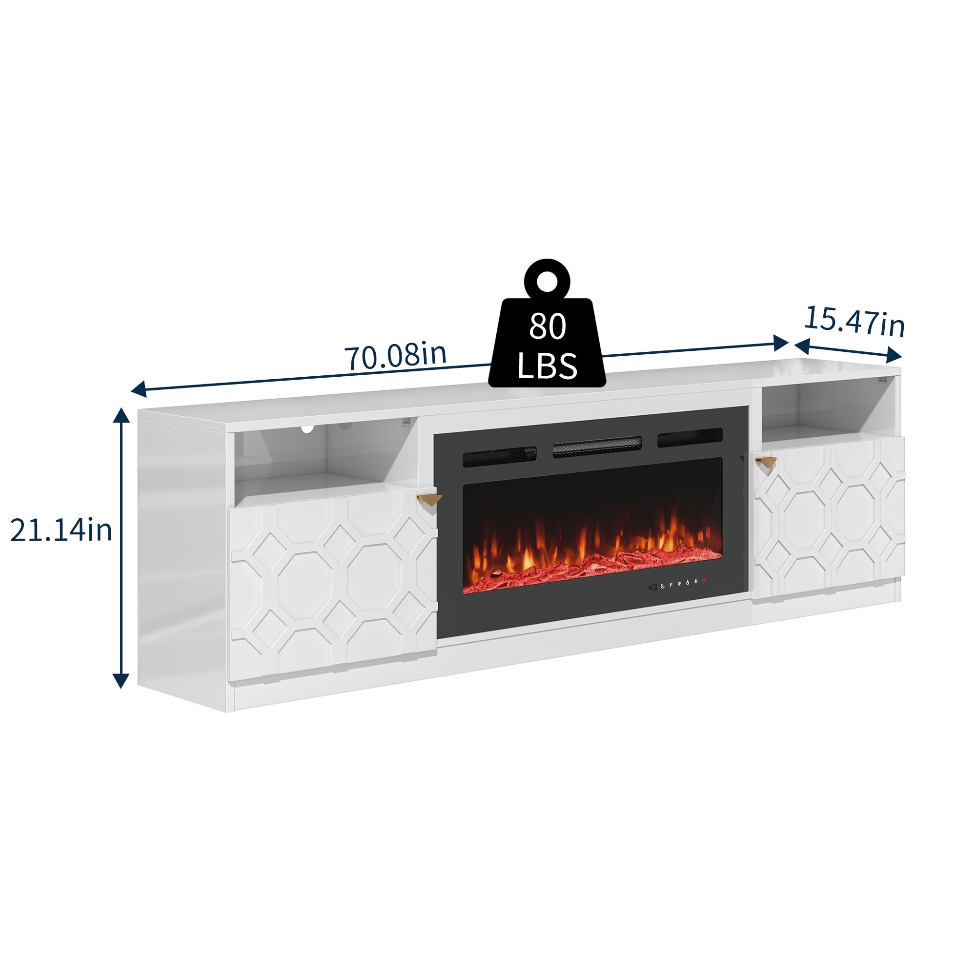 70.08-in W White TV Stand with Fan-forced Flat wall Electric Fireplace with Remote Control Included - Image 8