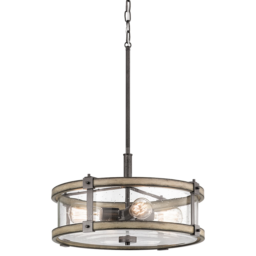 Barrington 4 -Light Anvil Iron and Distressed Antique Grey Rustic Seeded glass Drum Medium Hanging Pendant light