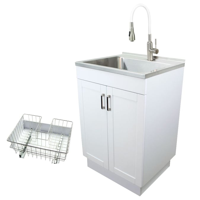 Transolid 24-in x 19.7-in 1-Basin White Freestanding Laundry Sink with Cabinet, Drain, and Faucet