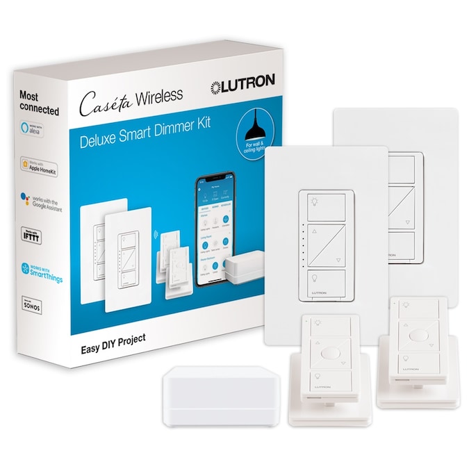 Lutron Caseta Smart Lighting Single-pole/3-way Smart with LED Decorator Light Dimmer Starter Kit with Smart Hub with Wall Plate, White