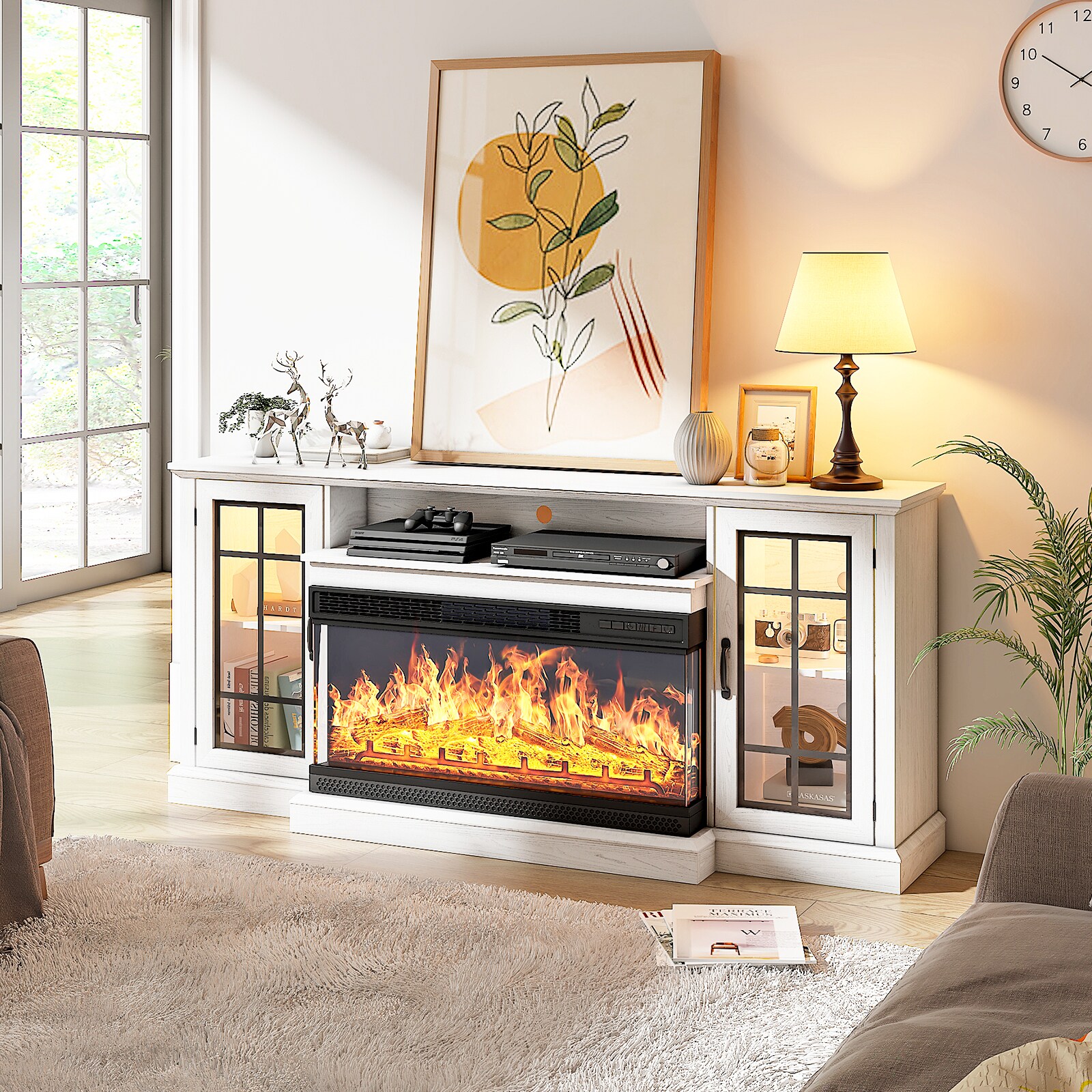 70-Inches W White TV Stand with LED Flat wall Electric Fireplace with Remote Control Included - Image 2