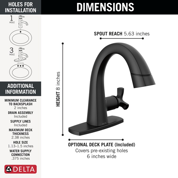Delta Stryke Matte Black Single Hole 1-Handle WaterSense Pull-down Bathroom Sink Faucet with Drain and Deck Plate - Image 3