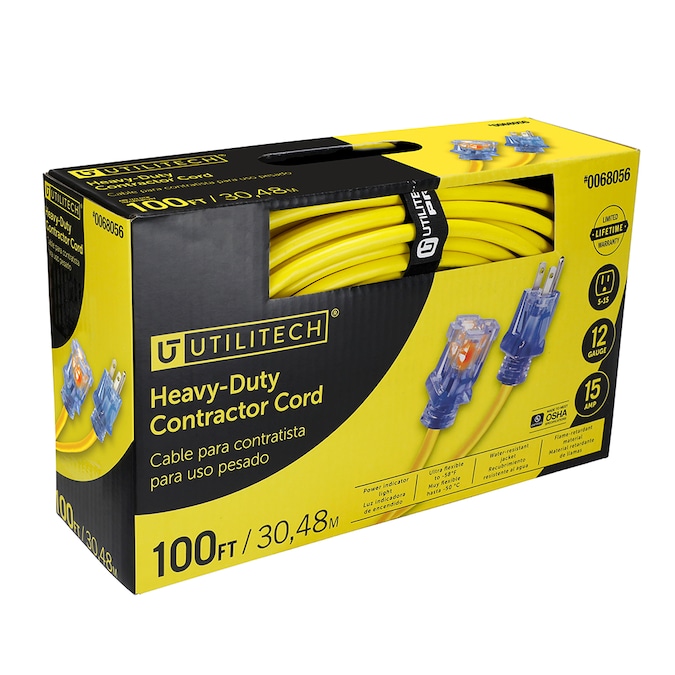Utilitech 100-ft 12/3 3 Prong Yellow Outdoor SJTW Heavy Duty Lighted Extension Cord