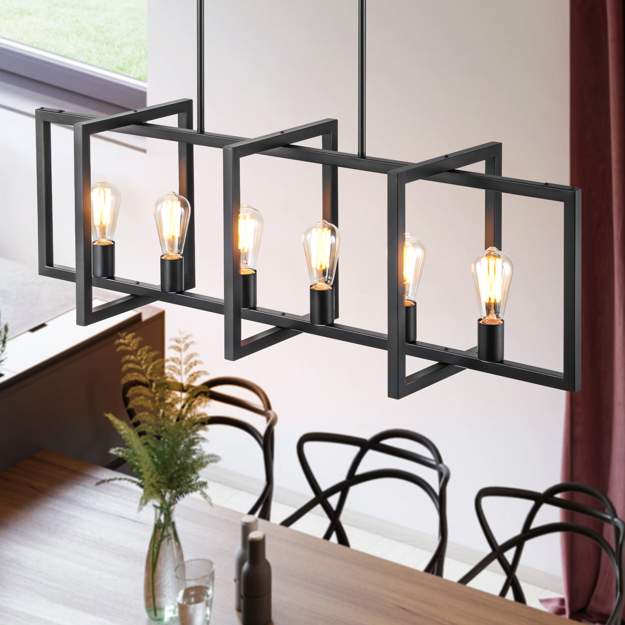 Mason 6 -Light Black Farmhouse Linear Large Hanging Kitchen island light