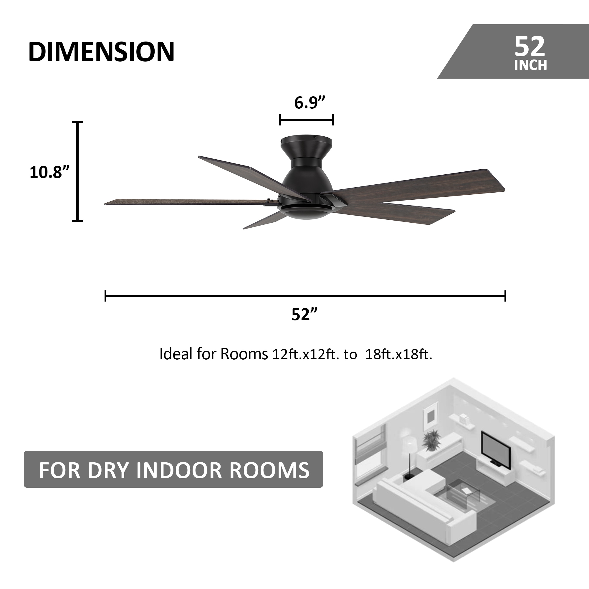 Vetric 52-in Flush Mount Black with Wooden/Walnut Blades Ceiling Fan Without Light - Remote Included ( 5 -Blade ) - Image 9