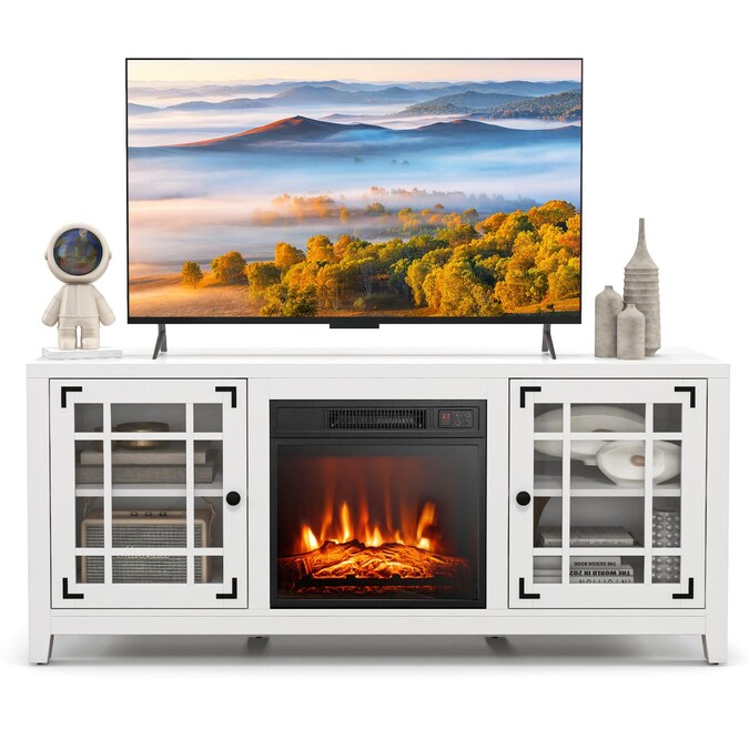 BABOOM 58-in W White TV Stand with Fan-forced Corner or Flat Wall Electric Fireplace with Remote Control Included
