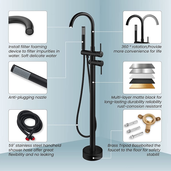 BWE Matte Black 2-handle Freestanding High-arc Bathtub Faucet with Hand Shower (Valve Included) - Image 4