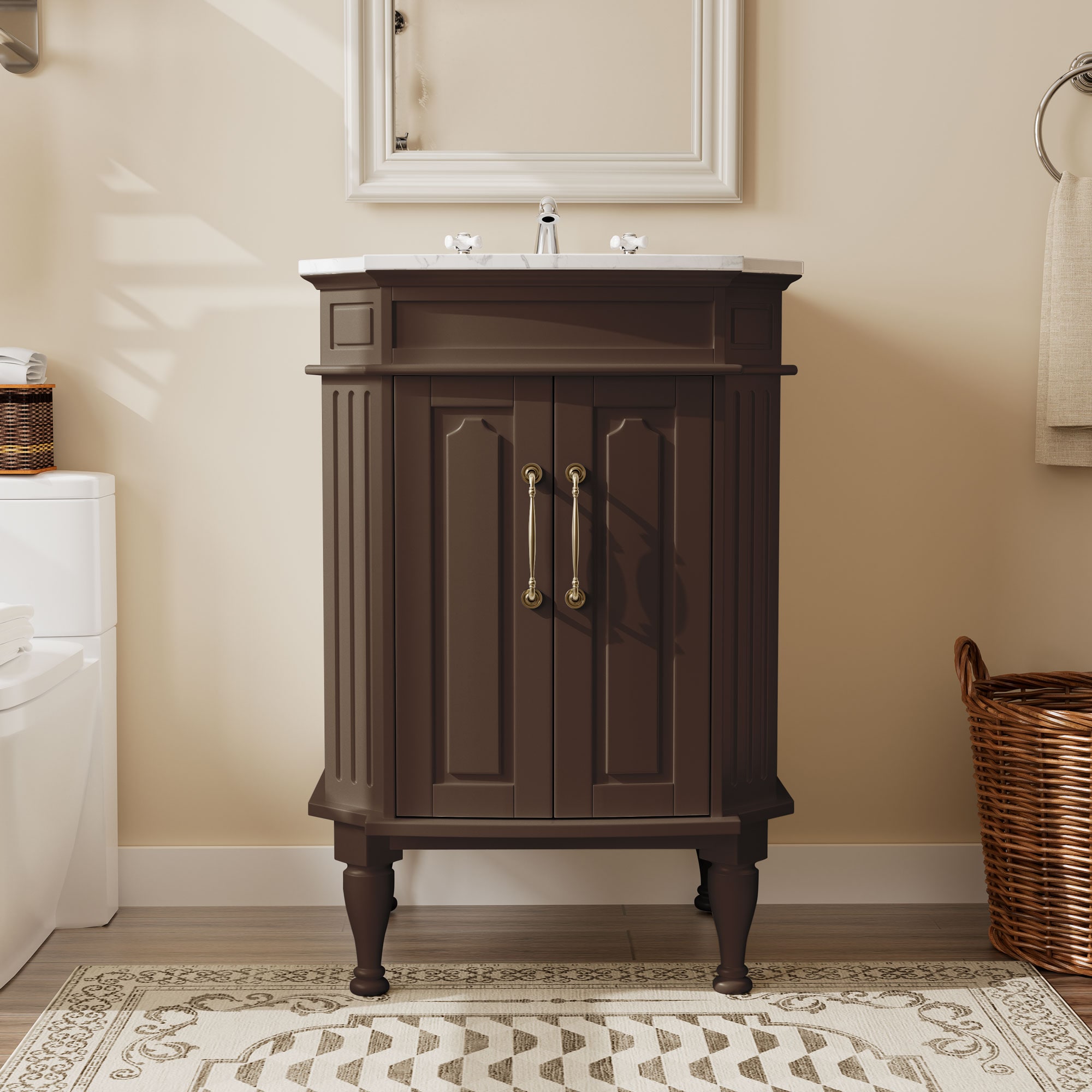 bathroom vanities with top 24-in Brown Single Sink Bathroom Vanity with White Marble Top