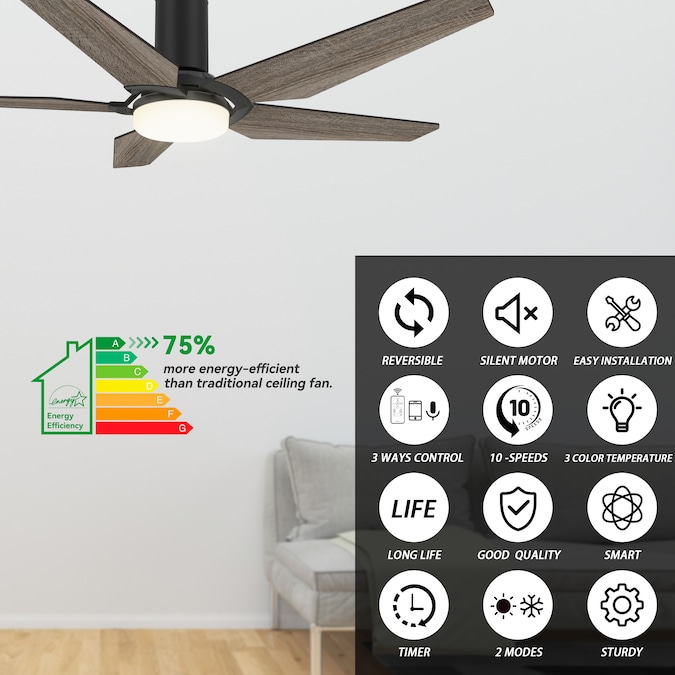 CARRO USA Voyager 52-in Black with Wooden Blades Indoor/Outdoor Flush Mount Smart Ceiling Fan with Light and Remote (5-Blade) - Image 4