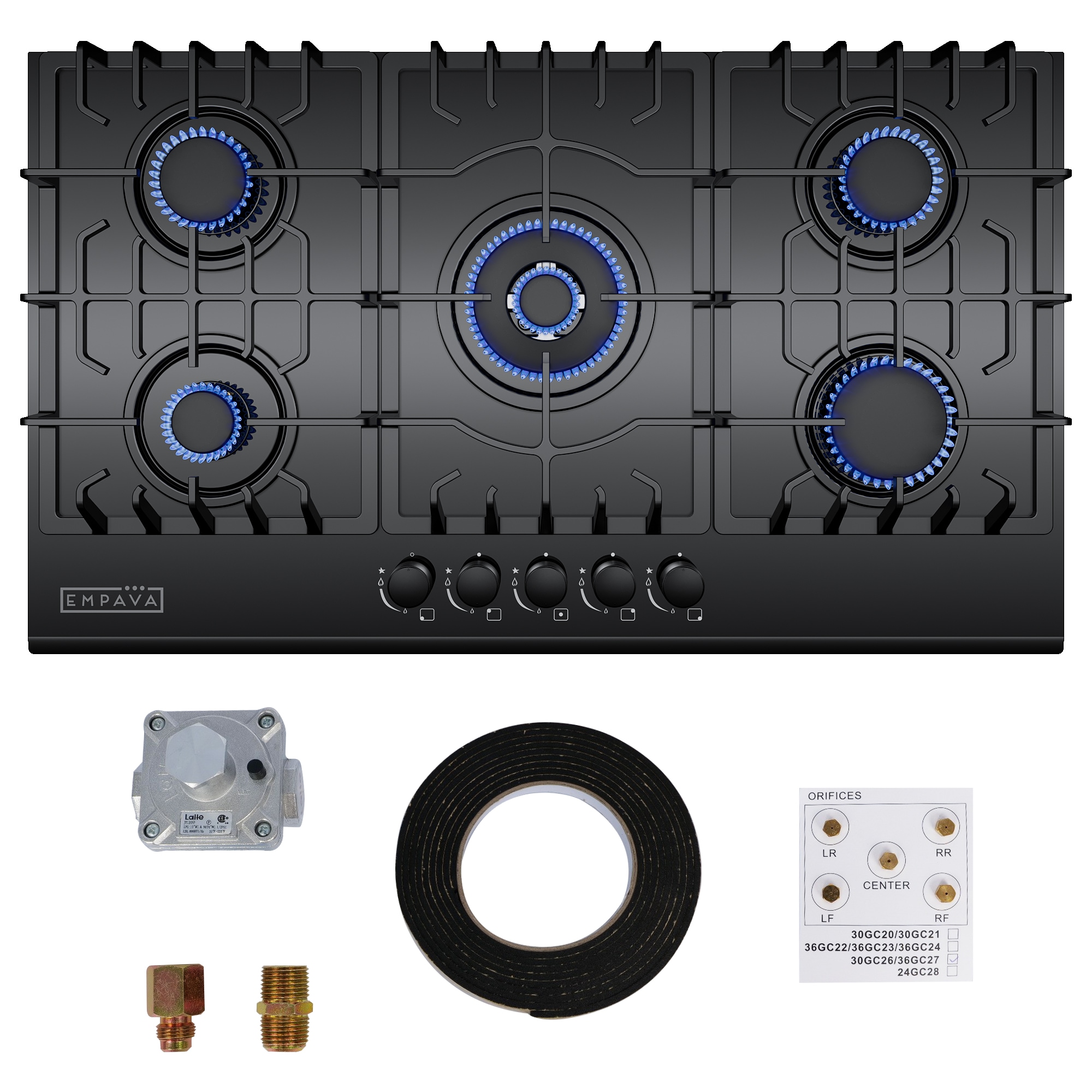 36-in 5 burners Black Gas Cooktop