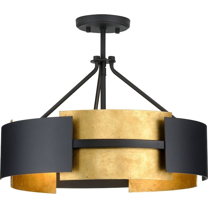 Progress Lighting Lowery 3-Light Textured Black with Distressed Gold Accents Modern/Contemporary Drum Medium Hanging Convertible Pendant/semi-flush