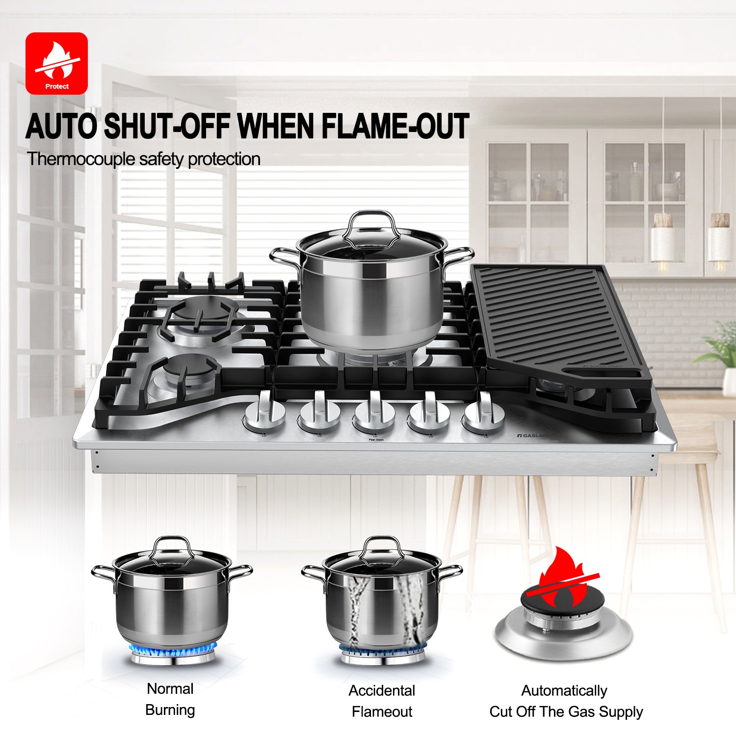 30-in 5 burners Stainless steel Gas Cooktop (Griddle Included) - Image 5
