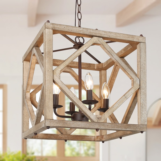 LNC Quaint 4-Light Distressed White Farmhouse Square LED Medium Hanging Kitchen Island Light