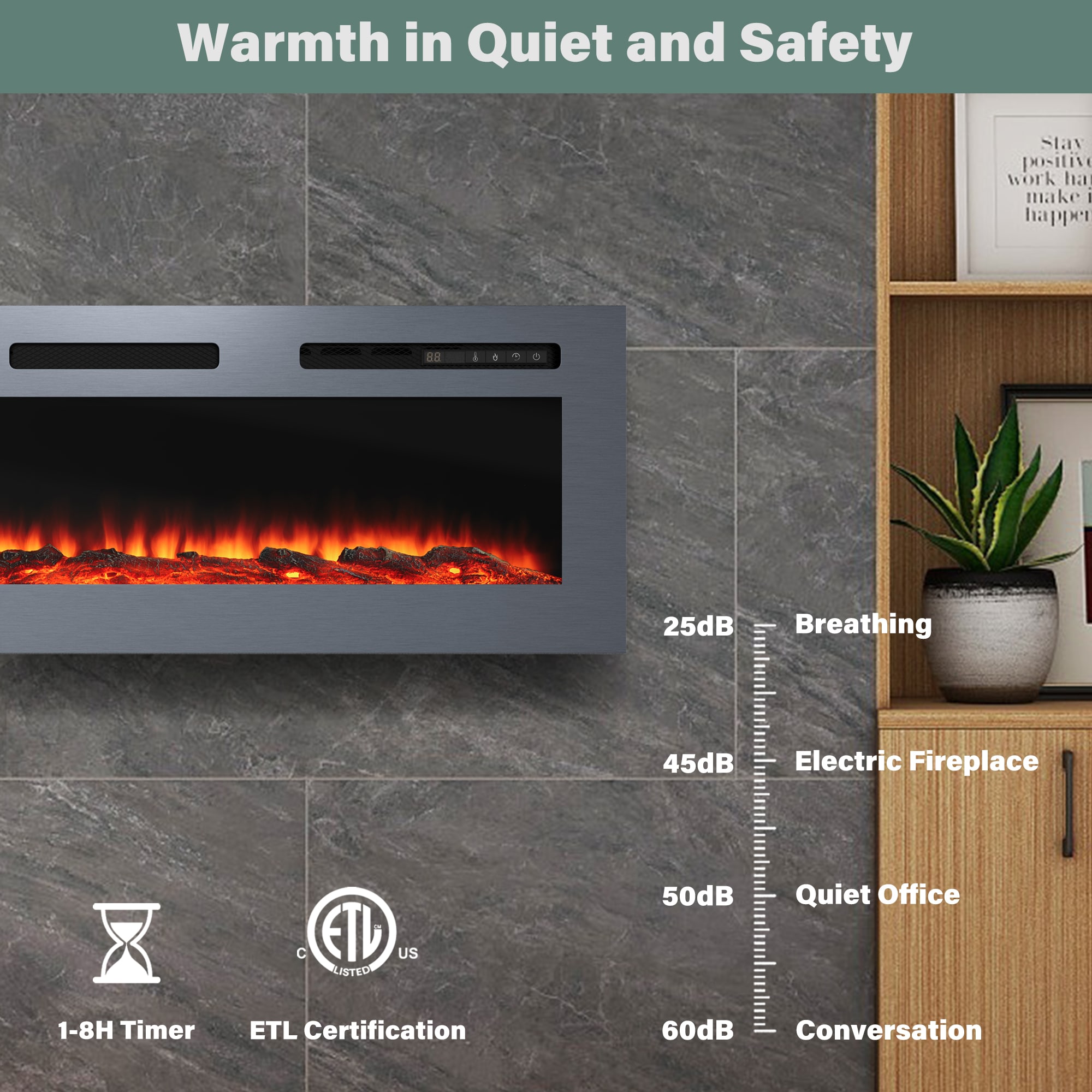 50-Inches W Stainless Steel Wall mount Fan-forced Wall-mount Electric Fireplace with Remote Control Included - Image 8