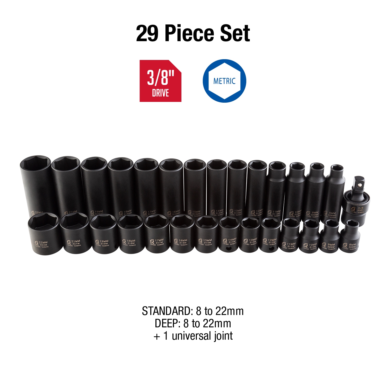 29 -Piece Metric 3/8-in Drive Set 6-point Impact Socket Set