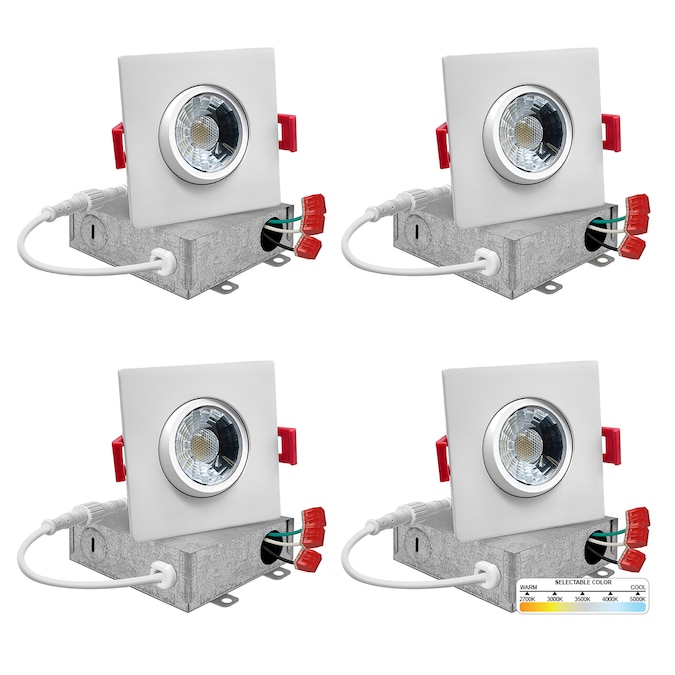 NUWATT Square Trim Adjustable Lens Gimbal Lights White 3-in 600-Lumen Switchable White Square Dimmable LED Canless Shower Recessed Downlight (4-Pack)