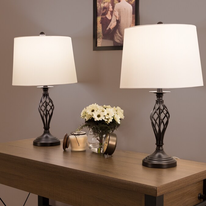 Hastings Home Set of 2 Oil-Rubbed Bronze Table Lamps 24.5-in White and Black LED On/Off Switch Table Lamp with Fabric Shade (Set of 2)