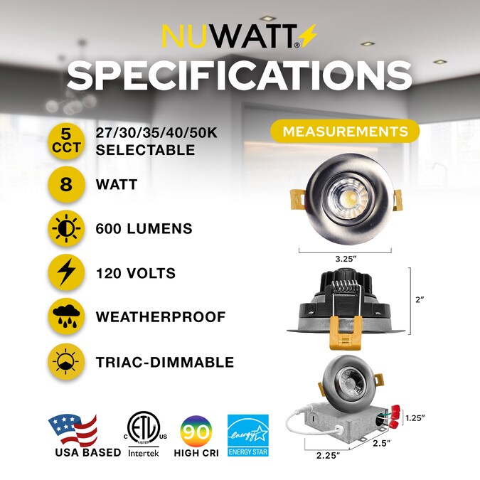 NUWATT Adjustable Lens Gimbal Lights Silver 3-in 600-Lumen Switchable Round Dimmable LED Canless Shower Recessed Downlight (16-Pack) - Image 8