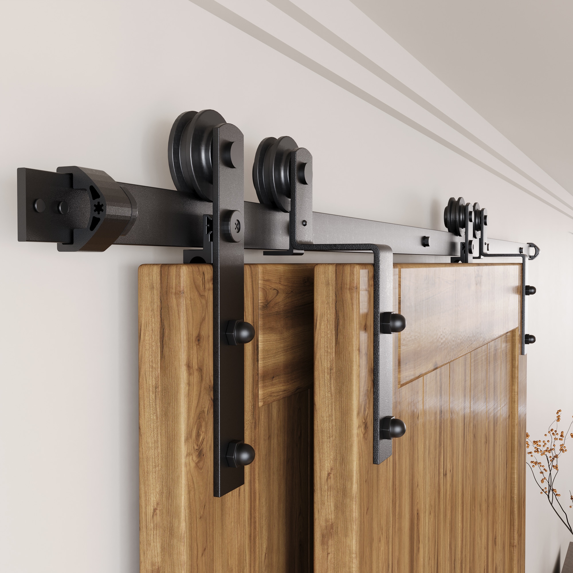 79-in Rustic black Black Indoor I-strap Double bypass Barn door hardware kit - Image 3