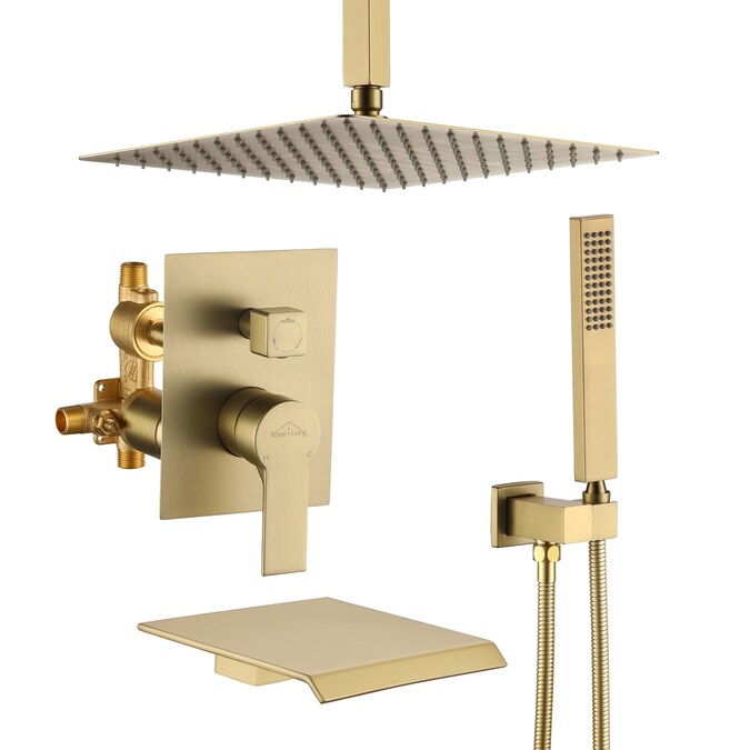 Clihome Brushed Gold 12-in Waterfall Dual Head Built-In Shower Faucet System with 3-way Diverter (Pressure-balanced Valve Included)