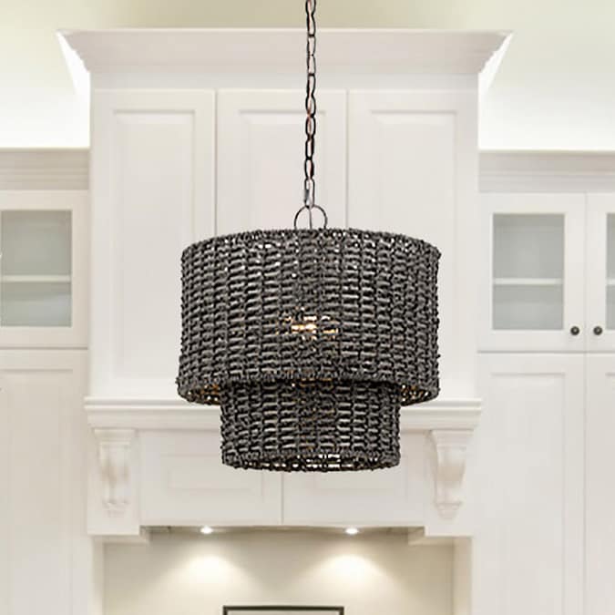 allen + roth Adara 2-Light Matte Black Traditional Drum Medium Hanging Pendant Light
