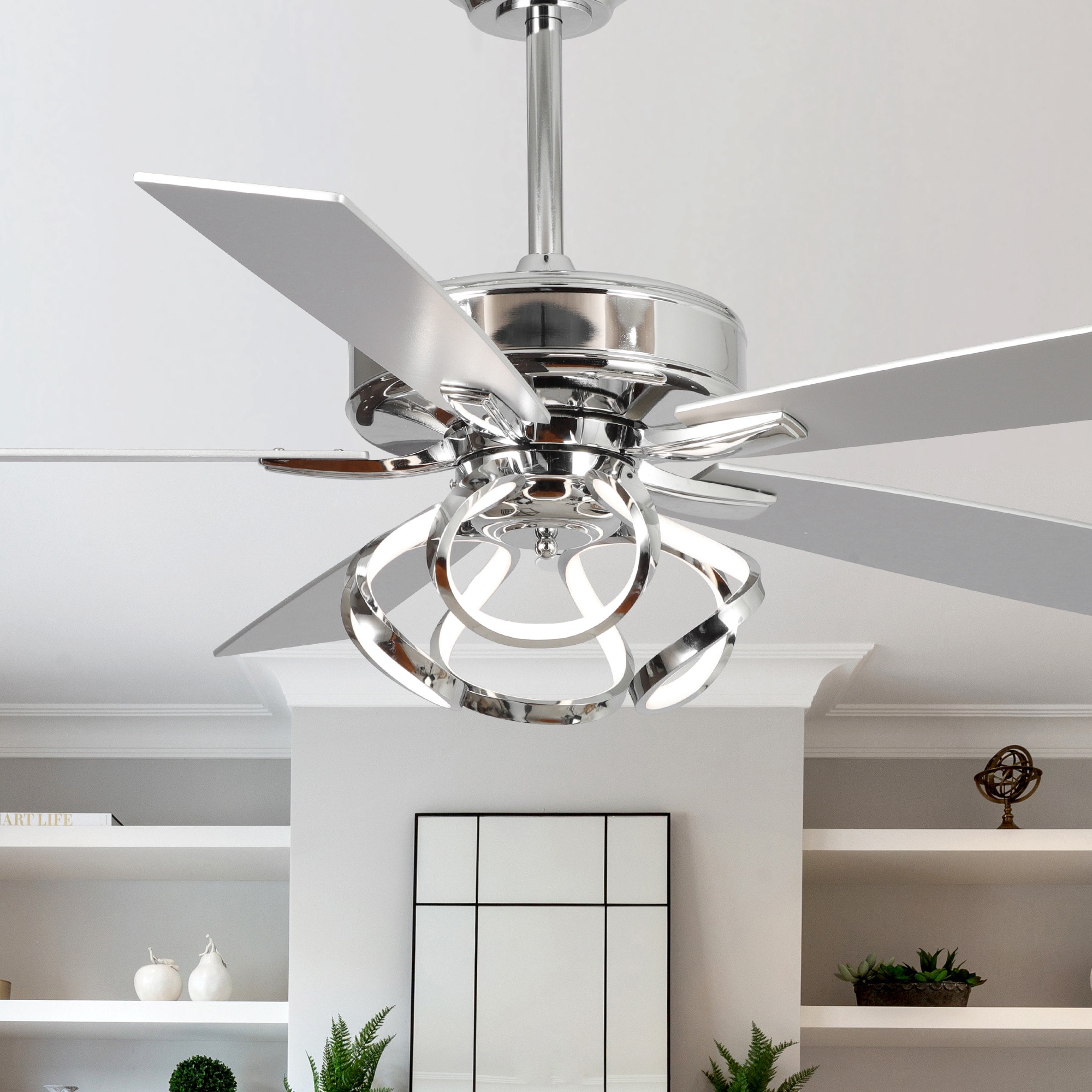 52-in Color-Changing Integrated LED Chrome with Dark walnut /Sliver Blades Ceiling Fan With Light and Remote ( 5 -Blade )