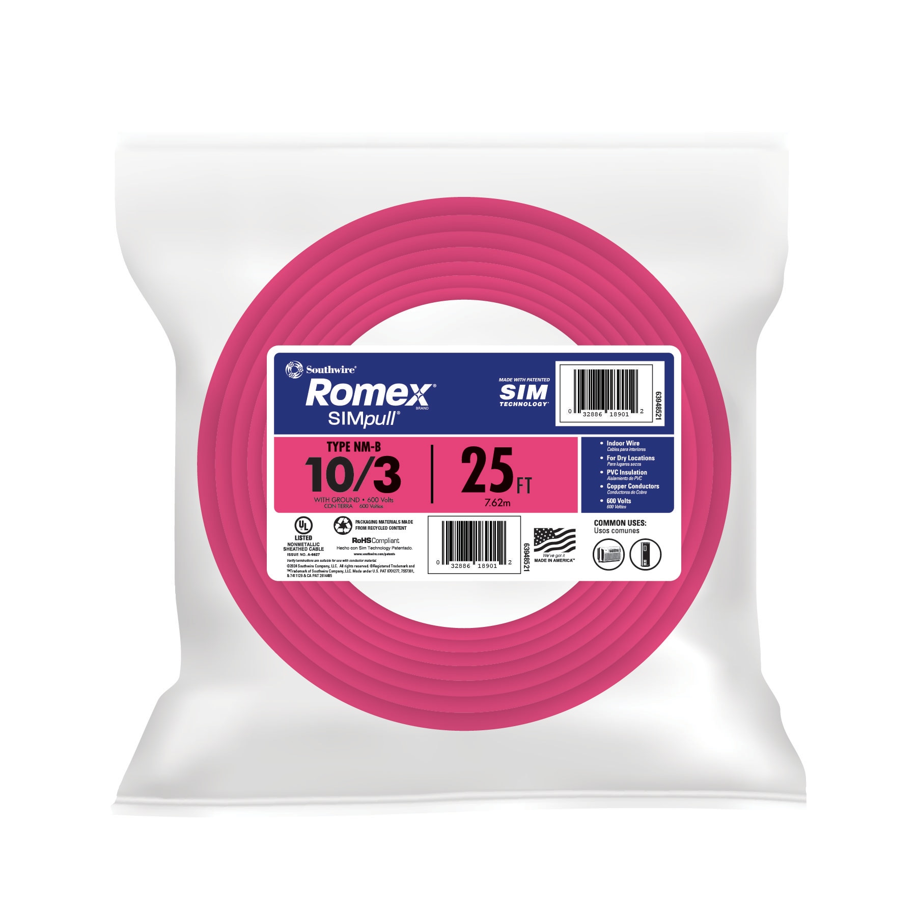 25-ft 10 / 3 / Romex SIMpull Solid Indoor CU NM-B W/G Individual pack ( By-the-roll )