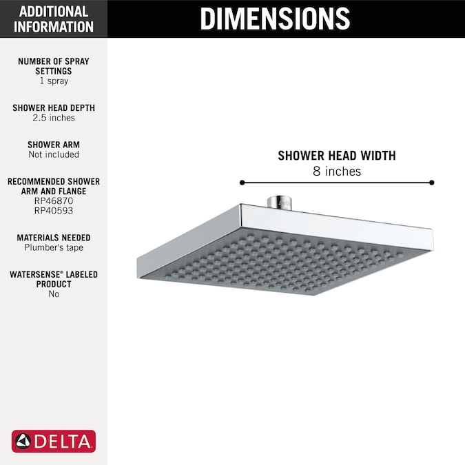 Delta Universal Showering Components Chrome 8-in Square Fixed Rain 2.5-GPM (9.5-LPM) - Image 10