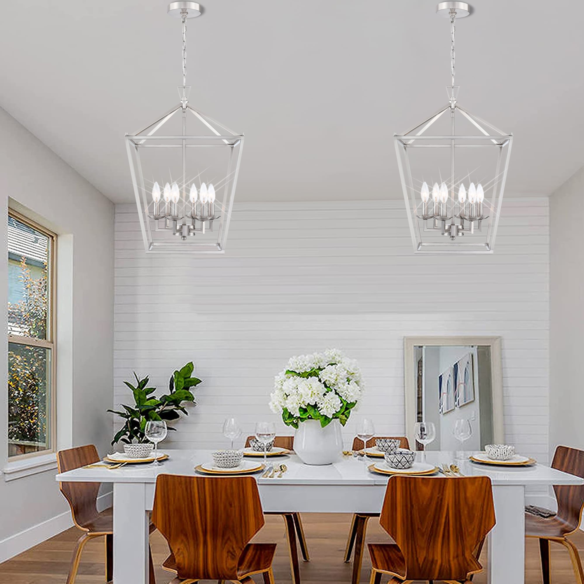 6 -Light Brushed Nickel Traditional Geometric Medium Hanging Pendant light - Image 9