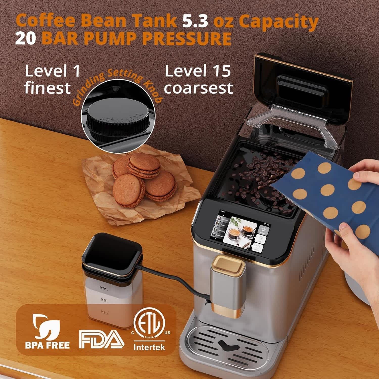Fully automatic coffee machine with grinder and automatic milk frothing with one-touch screen hot water function 20 bar pressure and 15 grind settings - Image 4