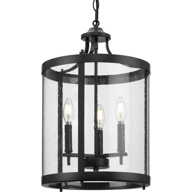 Progress Lighting Morehouse 3-Light Matte Black Transitional Seeded Glass Cylinder Medium Hanging Pendant Light