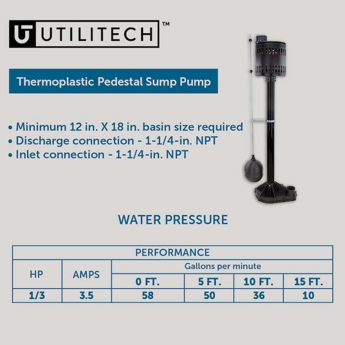 Utilitech 1/3-HP 58-GPM Thermoplastic Pedestal Sump Pump - Image 3